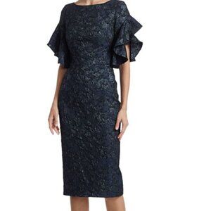 Theia Ruffle-Sleeve Cloqué Cocktail Dress Women's 2 Party Floral Sheath Boatneck
